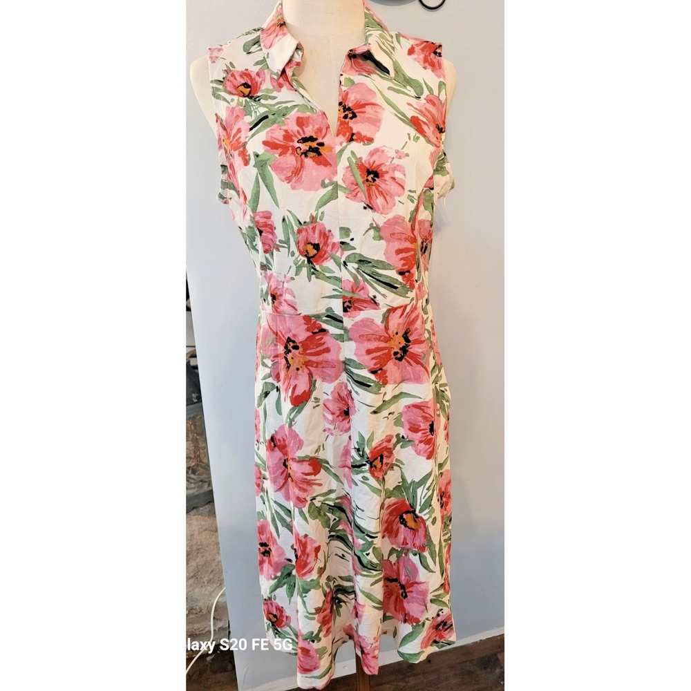 Tahari Womens SZ 8 Floral Linen Midi Dress Sleeveless Old Money Quiet Luxury